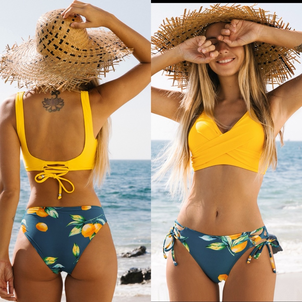 NWT Yellow Wrap Front‎ & Floral Print Tie Side Bikini Set SIZE SMALL